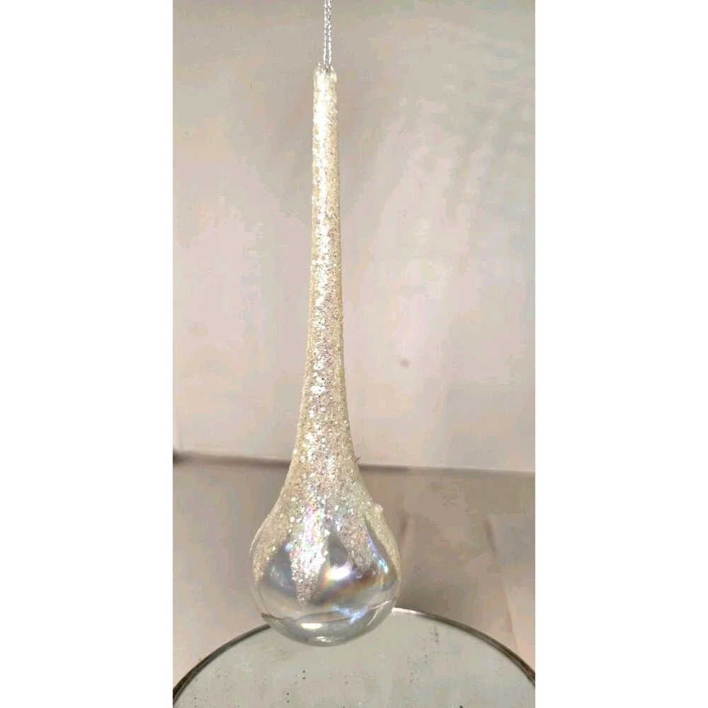 Vintage White Iridescent Glitter Glass Teardrop Icicle Christmas Ornament 7